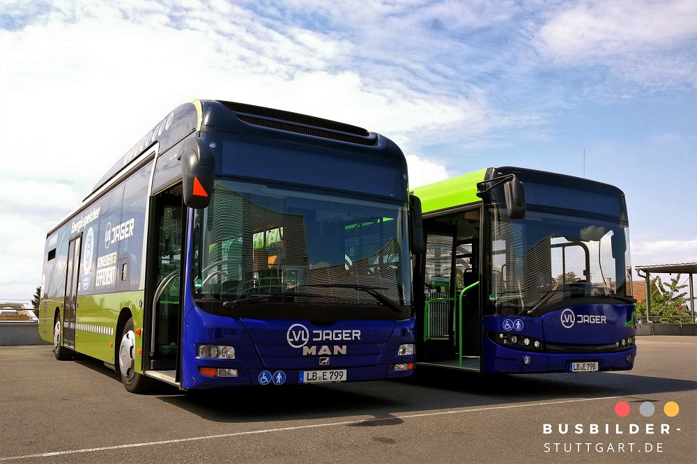 Als Teil der Hybridbus-Flotte der LVL Jäger GmbH in Ludwigsburg präsentieren sich dieser MAN NL 253 Lion's City Hybrid (LB-E 799) und Solaris Urbino 12 Hybrid (LB-E 798). Seit 2020 werden sie durch 50 neue MAN NL 330 Lion's City 12C Hybrid ergänzt.